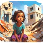 Una bambina triste tra le macerie di palazzi distrutti